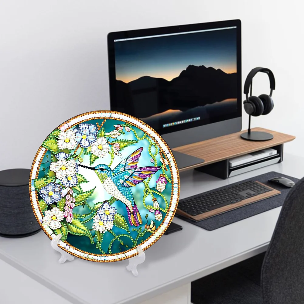 DIY Stained Glass Hummingbird Diamond Painting Wooden Single Side Crystal Painting Desktop Kit for Home Office Decor