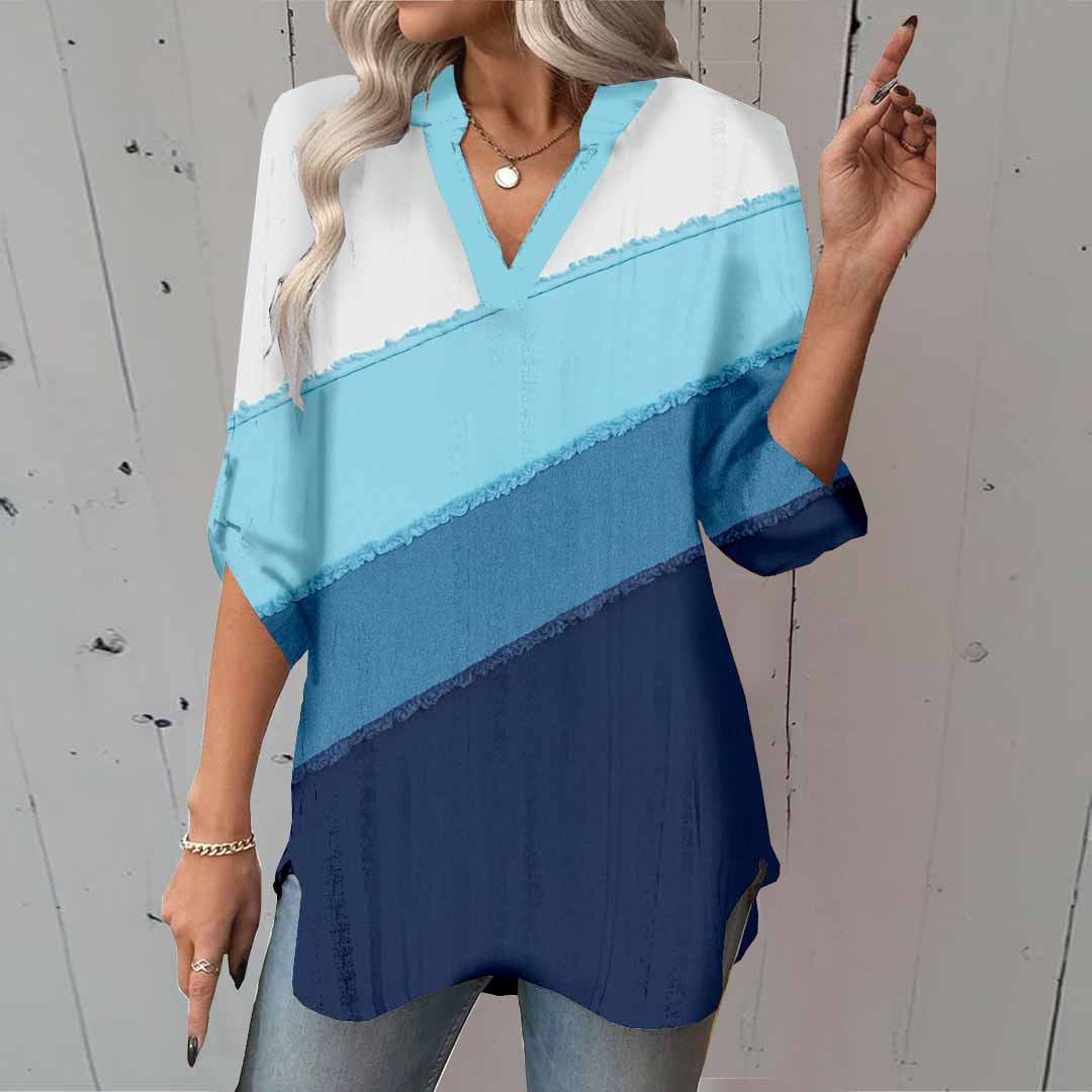 Women Striped, Blue, Patchwork DZGA0050 3/4 Sleeve V-neck Printed Graphic Button Tops