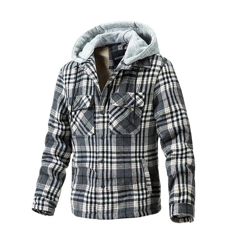 Men's Plaid Jacket Woolen Thickened Hooded Jacket