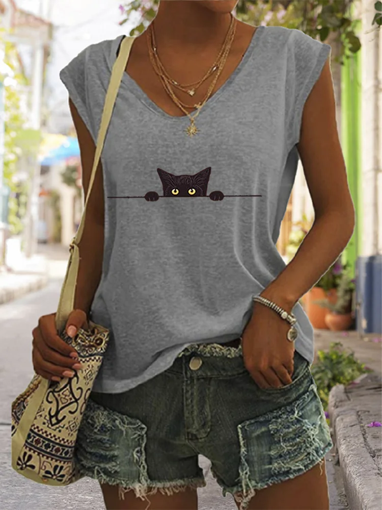 Women's Casual Black Cat Print Vest