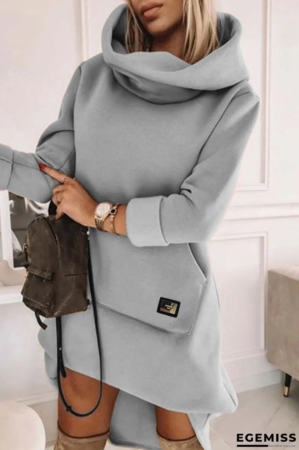 Grey Casual Solid Patchwork Turtleneck Long Sleeve Dresses | EGEMISS