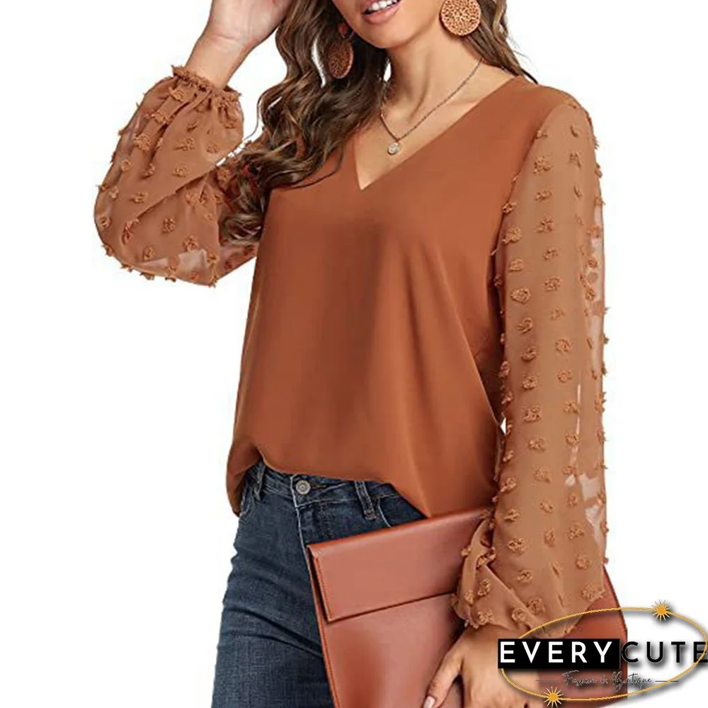 Caramel V Neck Splicing Swiss Dot Long Sleeve Blouse