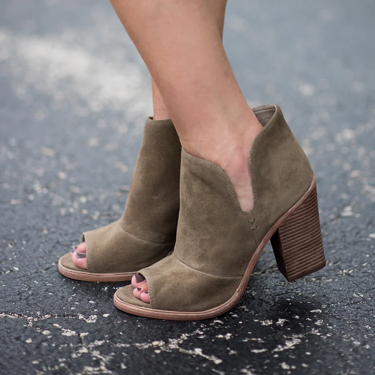 Brown Suede Block Heel Peep Toe Ankle Boots Vdcoo