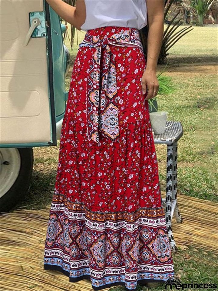 Bohemian Vintage Floral Pleated Long Skirt for Women