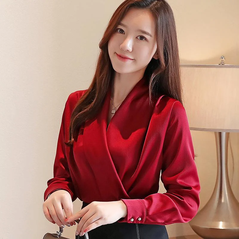 V-Neck Artificial Silk Blouses Women Wear to Work Chiffon Shirts Plus Size Femme Blusas White Red Black Pink Ladies Satin Tops
