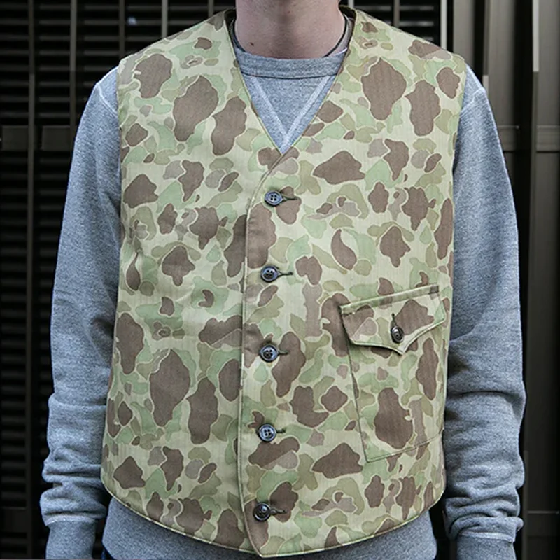 Vintage Cotton Camouflage Left Pocket Sleeveless Vest