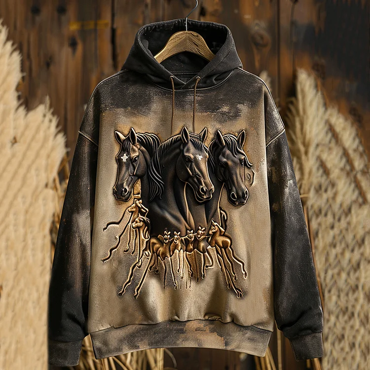 Comstylish Western Horse Print Casual Long Sleeve Hoodie