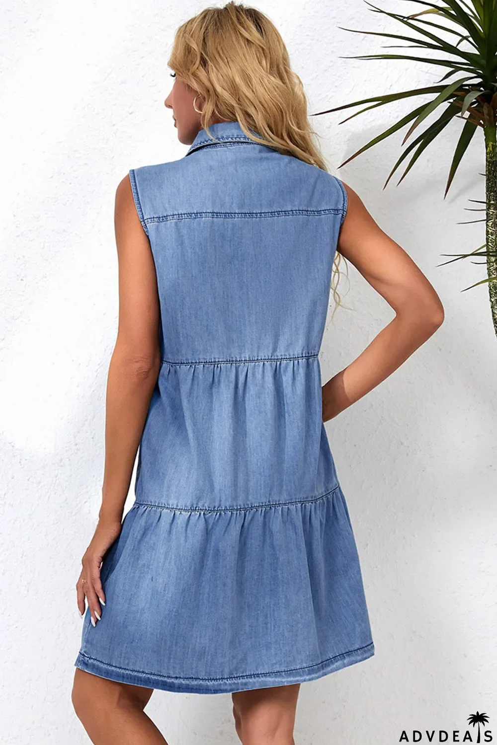 Sky Blue Flap Pockets Button up Sleeveless Denim Dress