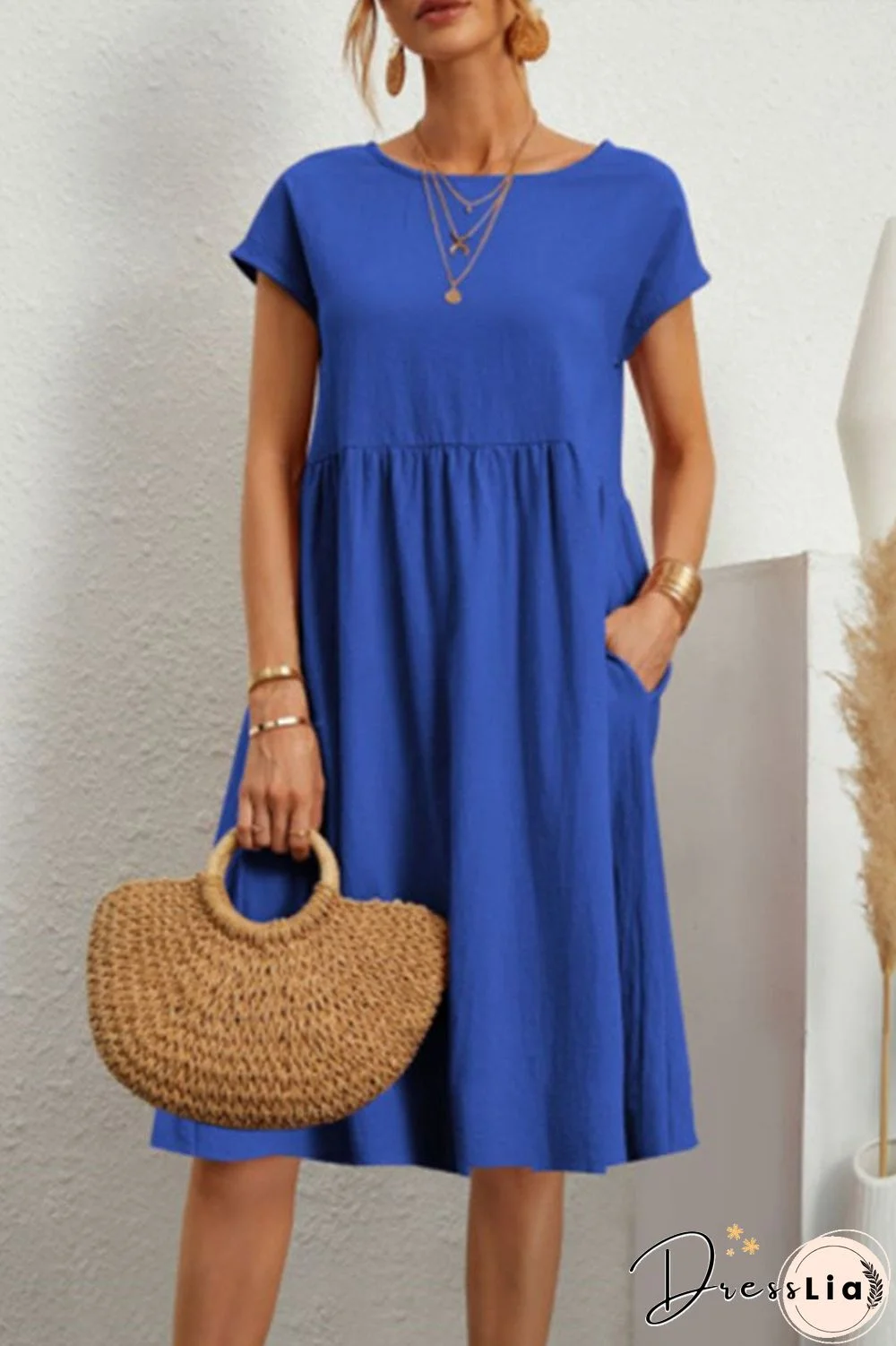 Casual Solid Patchwork O Neck A Line Short Sleeve Dress(11 Colors)