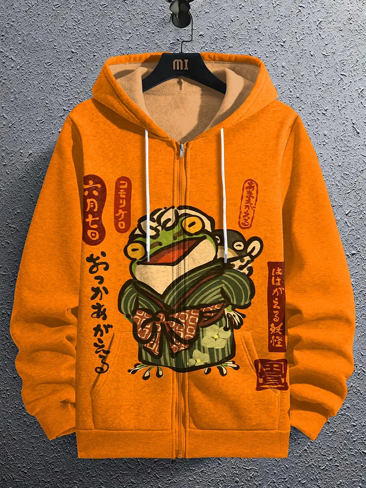 Men's Japan Art Frog Illustration Print Hooded Zip Up Jacket
