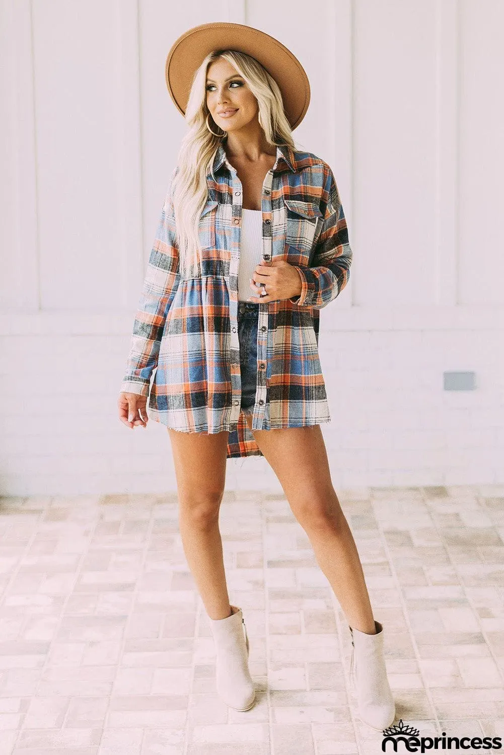 color Plaid Button Down Ruffled Shirt Jacket