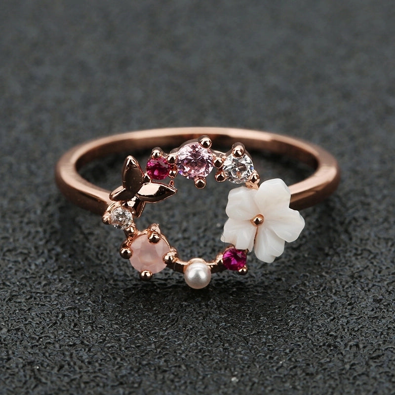 Elegant Sweet Flower Butterfly Copper Zircon Women's Rings