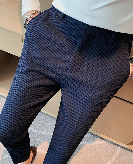 Business Slim Slant Pocket Solid Color Waffle Suit Pants 