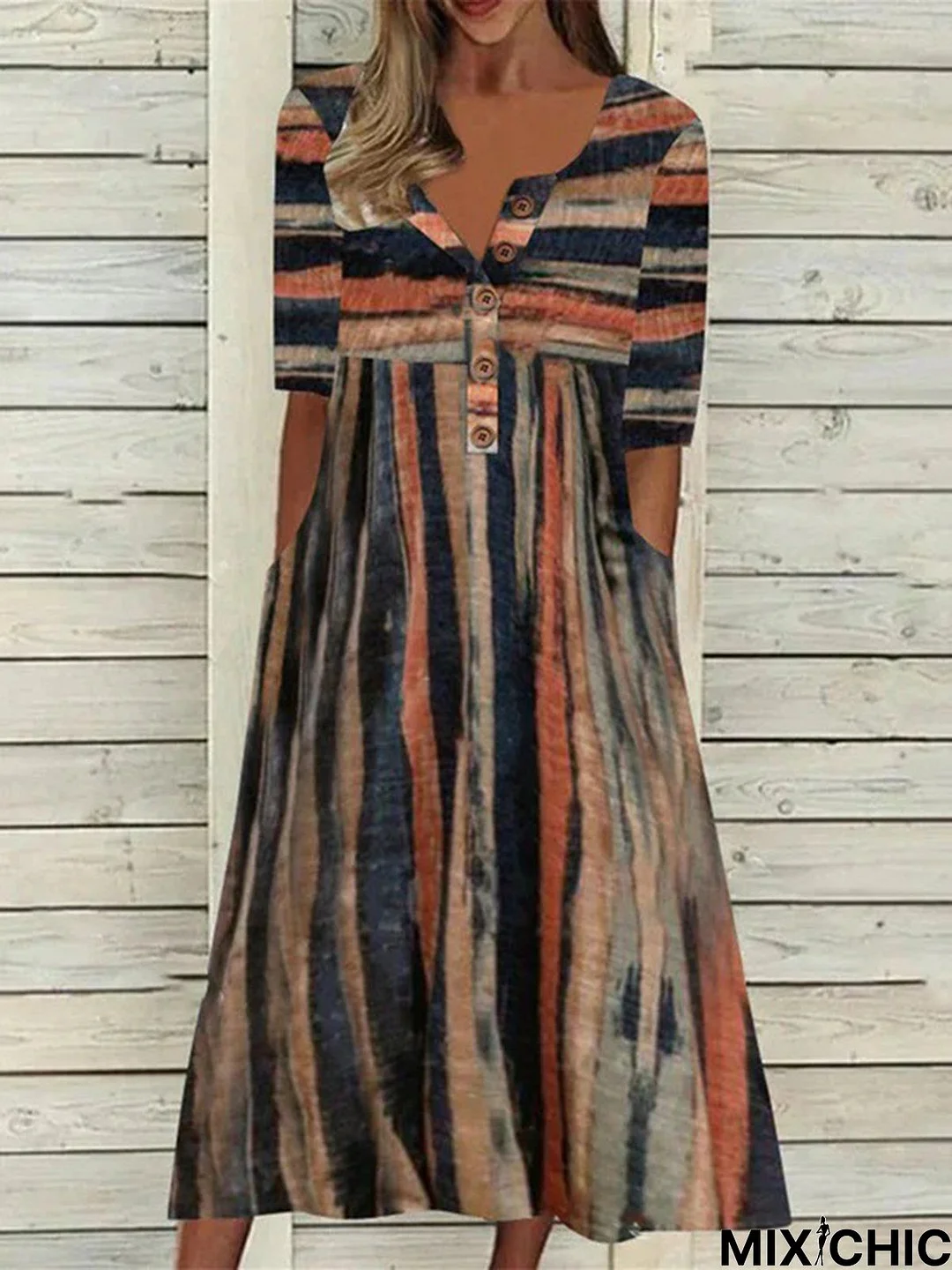 Women Striped Casual Autumn Polyester Natural No Elasticity Daily Crew Neck Regular Size Dress