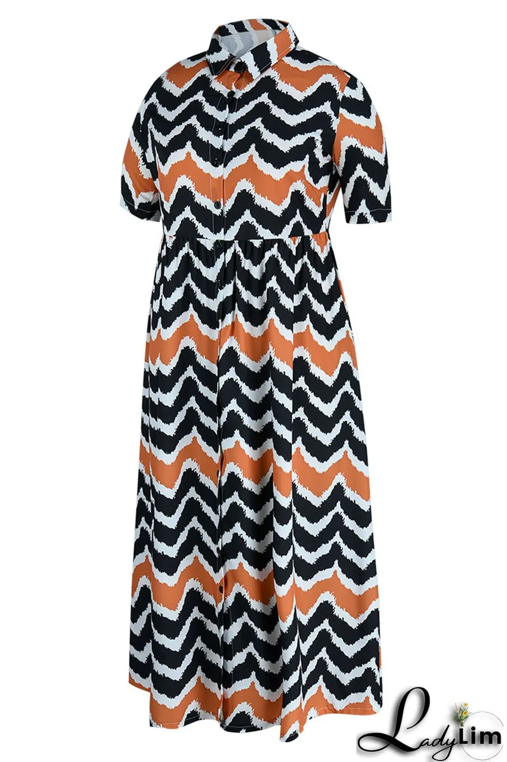 Apricot Casual Striped Print Patchwork Buckle Turndown Collar A Line Plus Size Dresses(Without Belt)