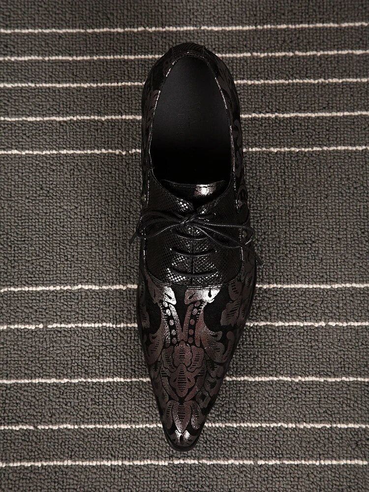 VCSHOES Pointed Toe Man Genuine Leather Lace Ue Brogue Shoes Printing Men's Party Heighten Oxfords Shoes