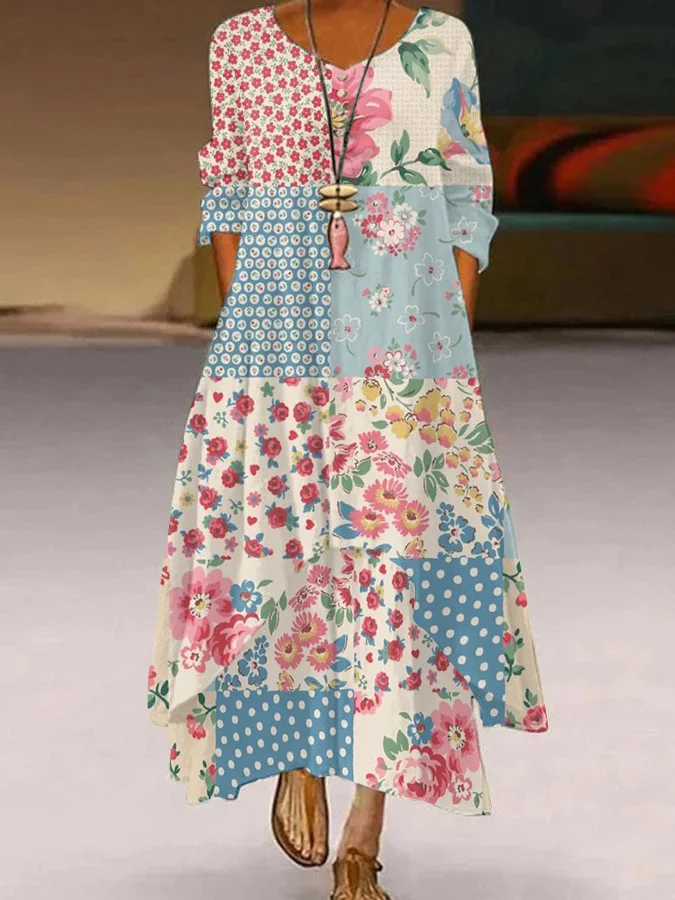 Women's Casual Double Layer Color Retro Floral Dress