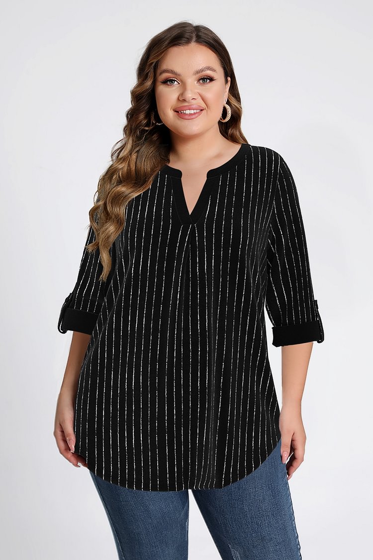 Flycurvy Plus Size Casual Black Stripe Velvet Silver Pressed Stand Collar Roll Tab 3/4 Sleeve Blouses  flycurvy [product_label]