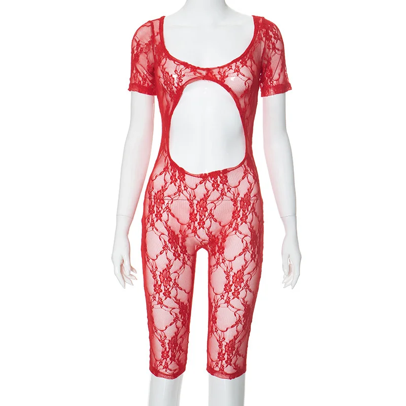 Uveng Uveng Women's Spring New Sexy Lace Splicing U-Neck Short-Sleeved Umbilly Joint Shorts