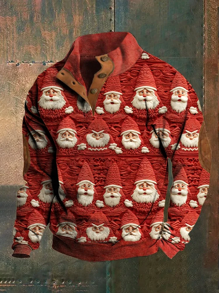 Christmas Santa Claus Faux Embroidery Print Men's Stand Up Top