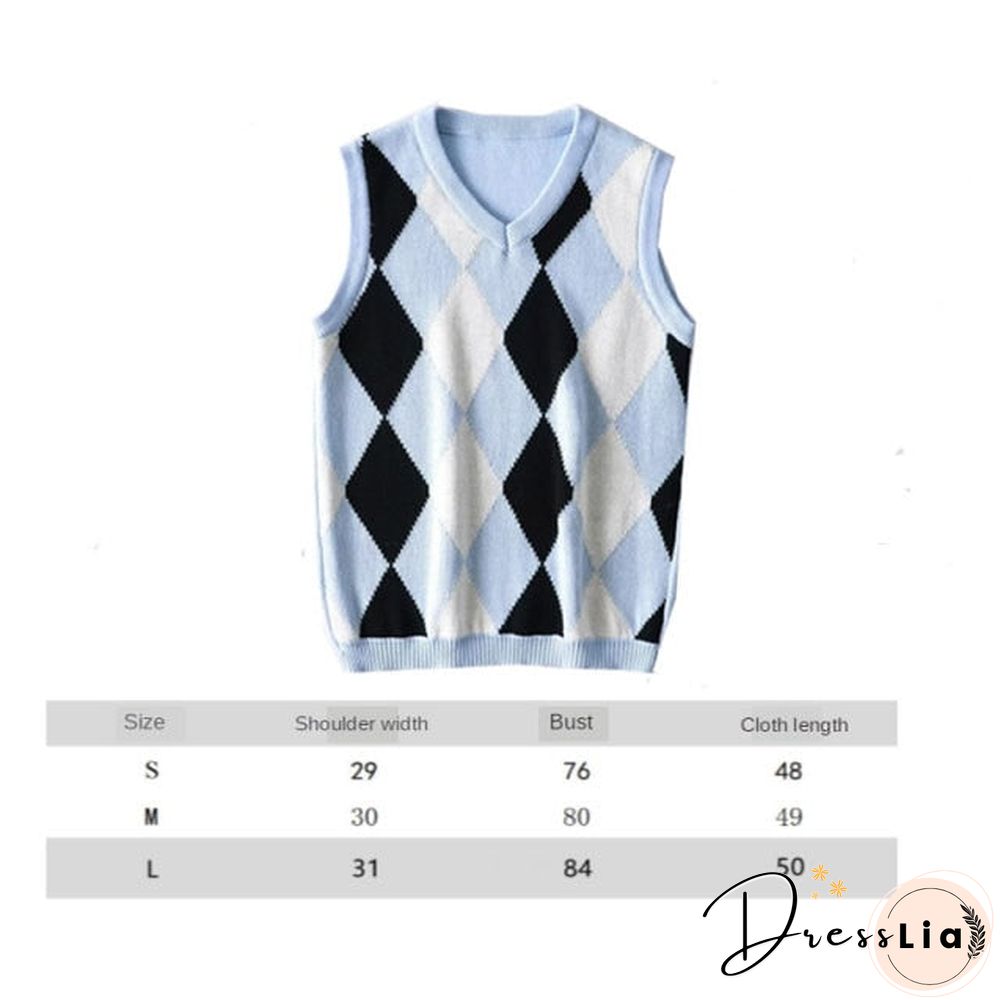 V Neck Vintage Argyle Sweater Vest Women Black Sleeveless Plaid Knitted Crop Sweaters Casual Autumn Preppy Style tops