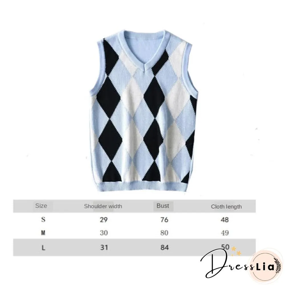 V Neck Vintage Argyle Sweater Vest Women Black Sleeveless Plaid Knitted Crop Sweaters Casual Autumn Preppy Style tops