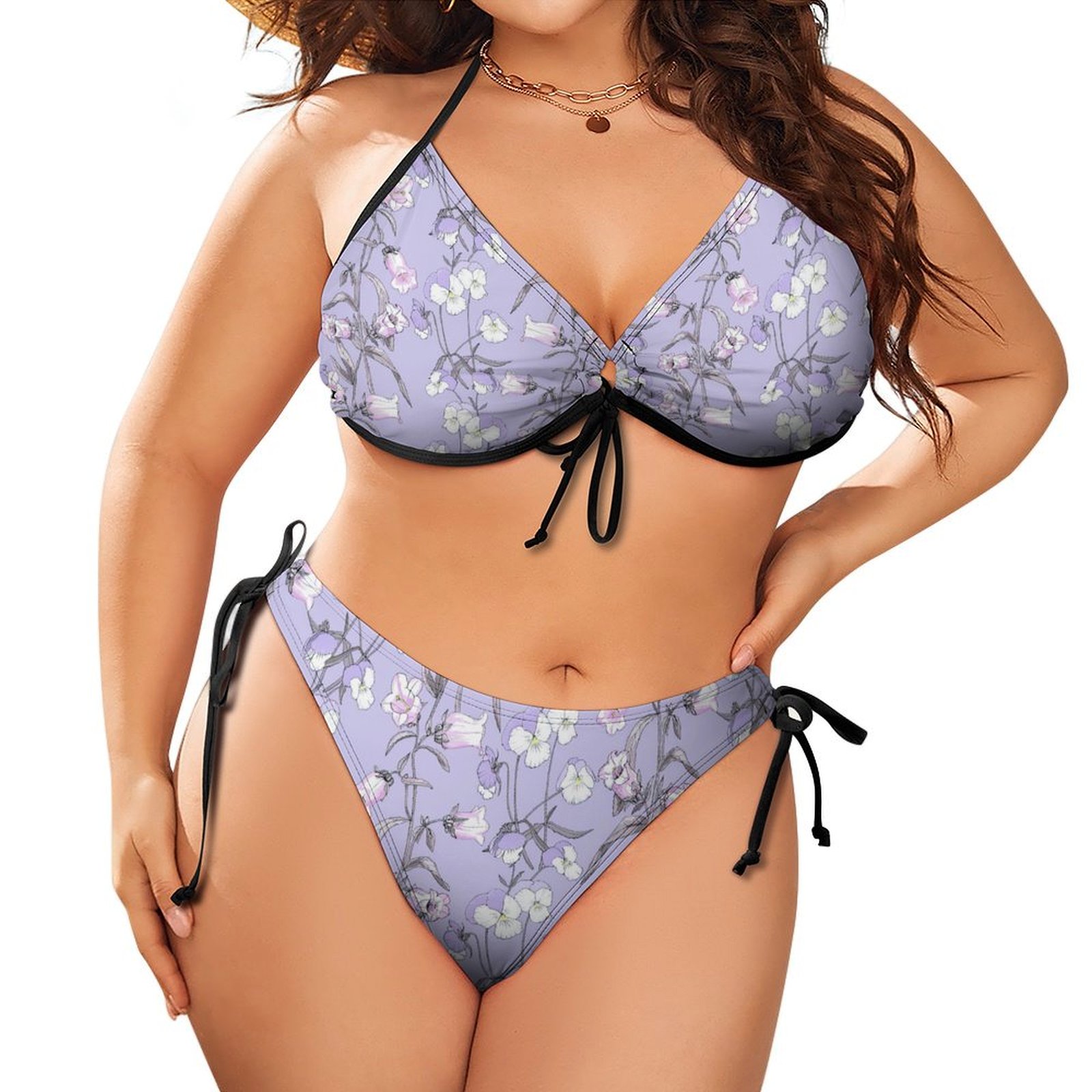 Women's Purple Flowers Plus Size Triangle Bikini String Two Piece Halter Tie Side Swimsuit