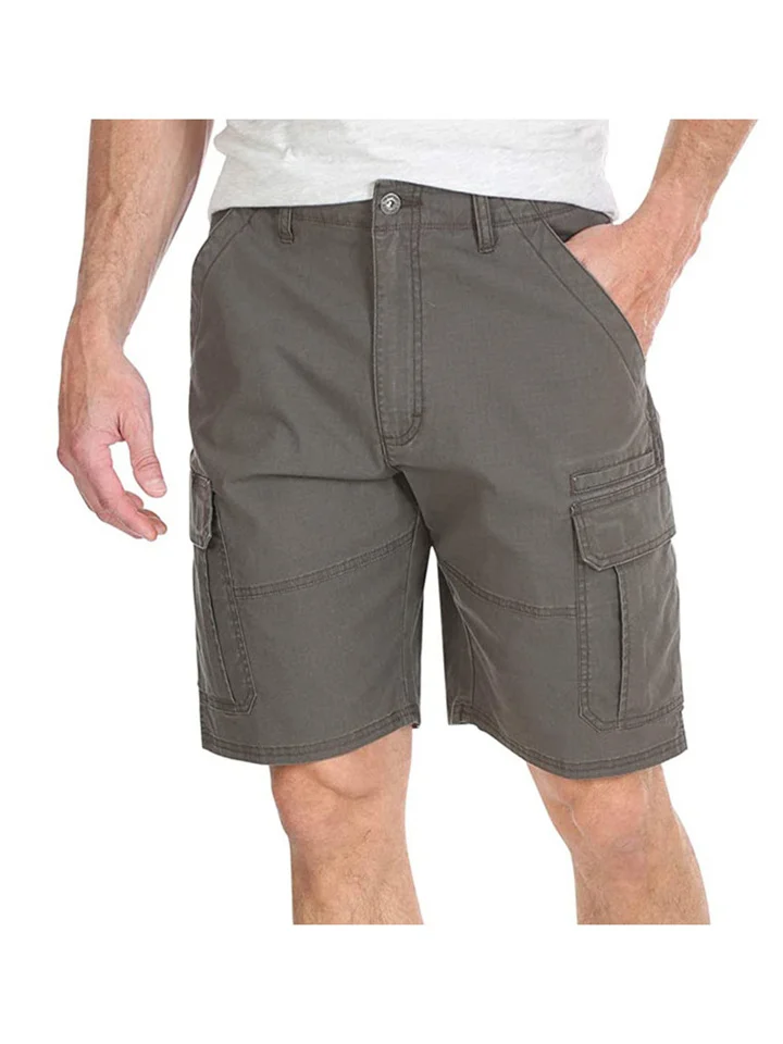 Men's Solid Color Pocket Casual Workwear Multi-Pocket Mid Waist Zipper Closure Five Pants Straight Legged Chino Pants-Cosfine