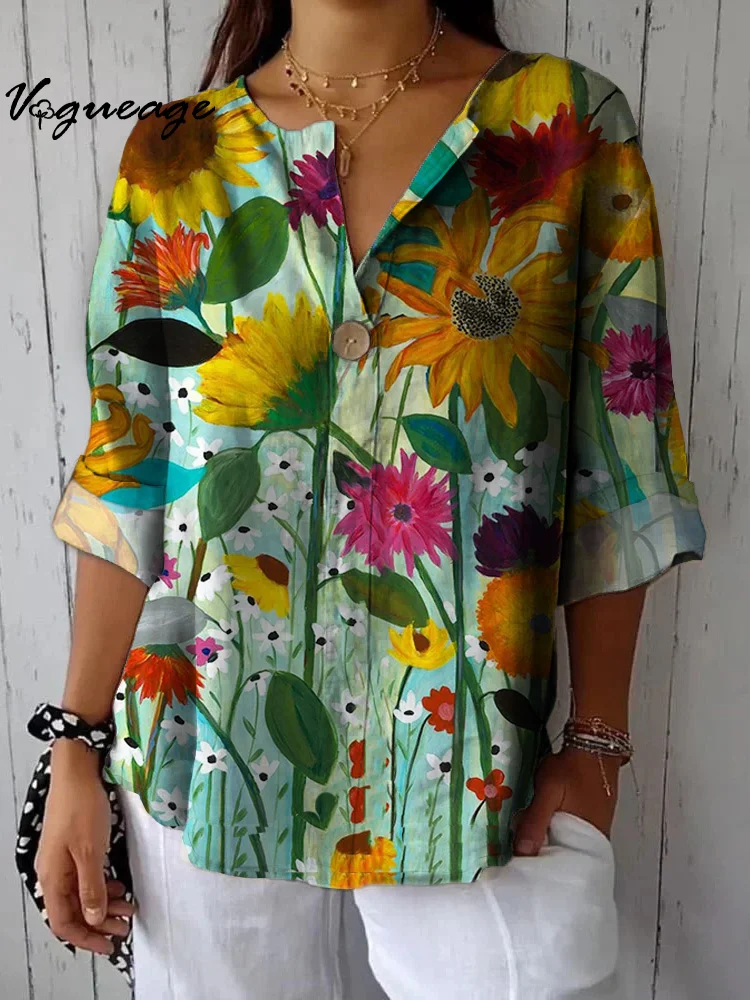 Fashionable Colorful Flowers Printed Cotton And Linen Shirt