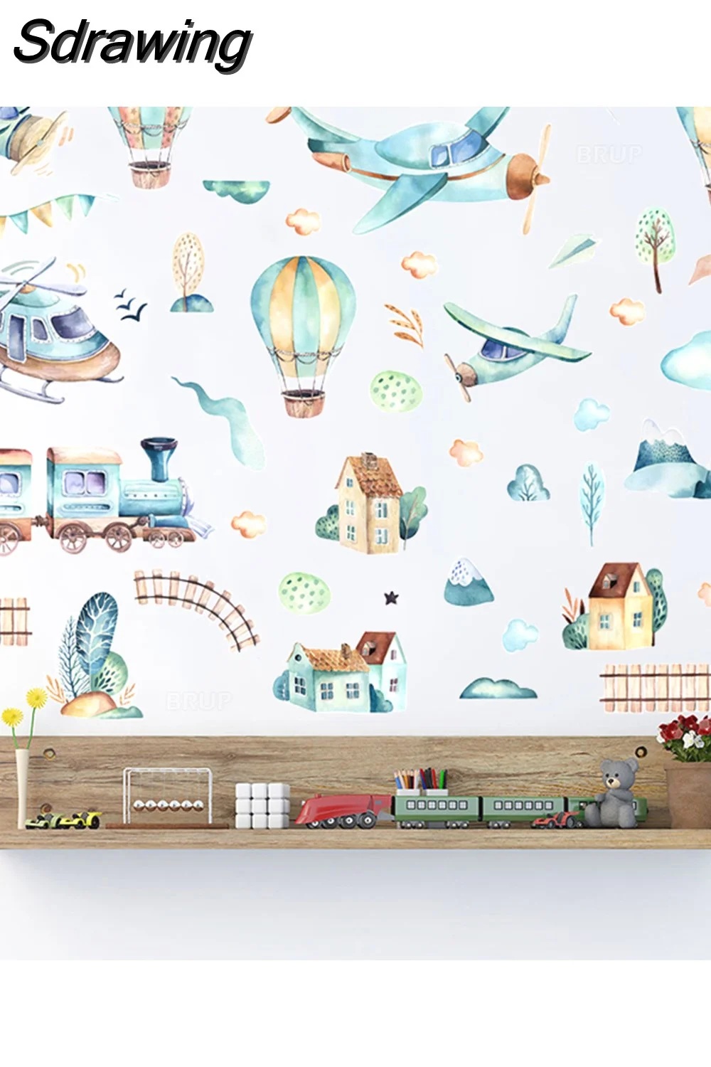Sdrawing Paint Watercolor Cartoon Airplane Train Wall Stickers Hot Air Balloon Stickers for Kids Room Nursery Decoration Wall Decals