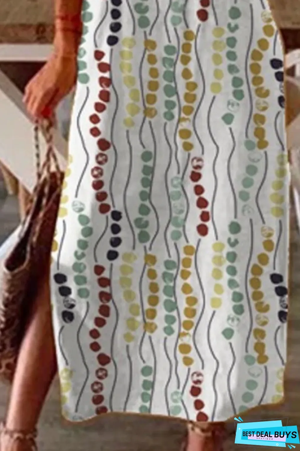 Graphic Print Crew Neck Casual Slit Midi Dress