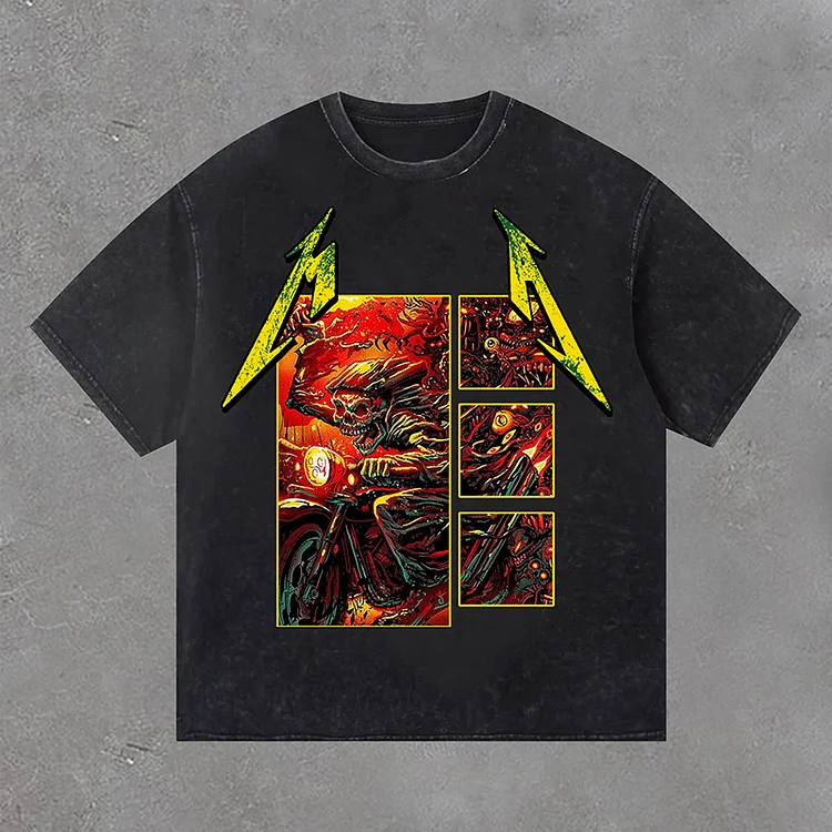 Retro Metallica Art Poster Print Acid Washed Short Sleeve T-Shirt