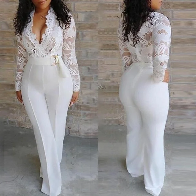 Long Sleeve V-neck Plus Size Wide Office Lady  Jumpsuits