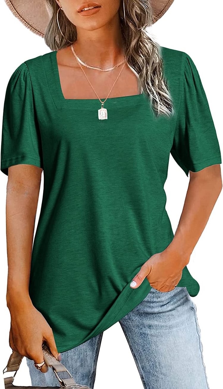 Womens Tops Casual Short Sleeve Square Neck Shirts Puff Sleeve Tshirts Loose Casual Blouse Summer Tee