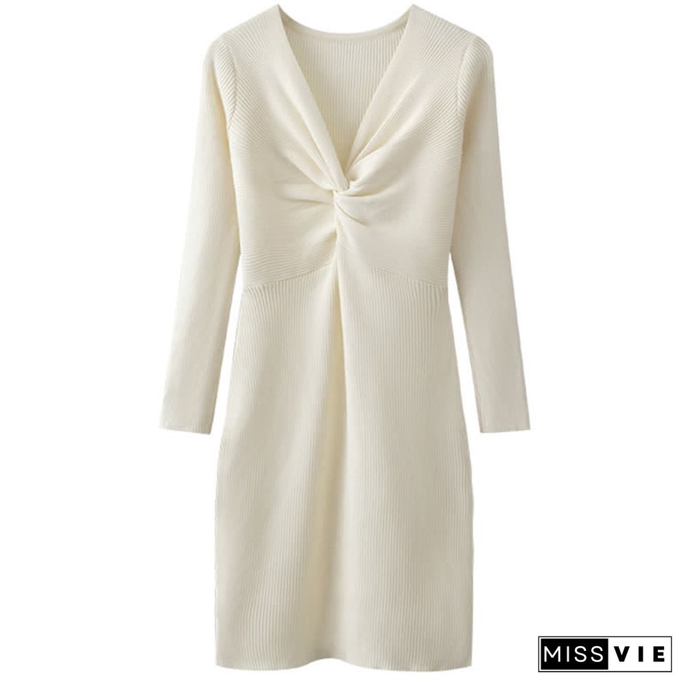 Pure Color V-neck Slim Knit Sweater Dress