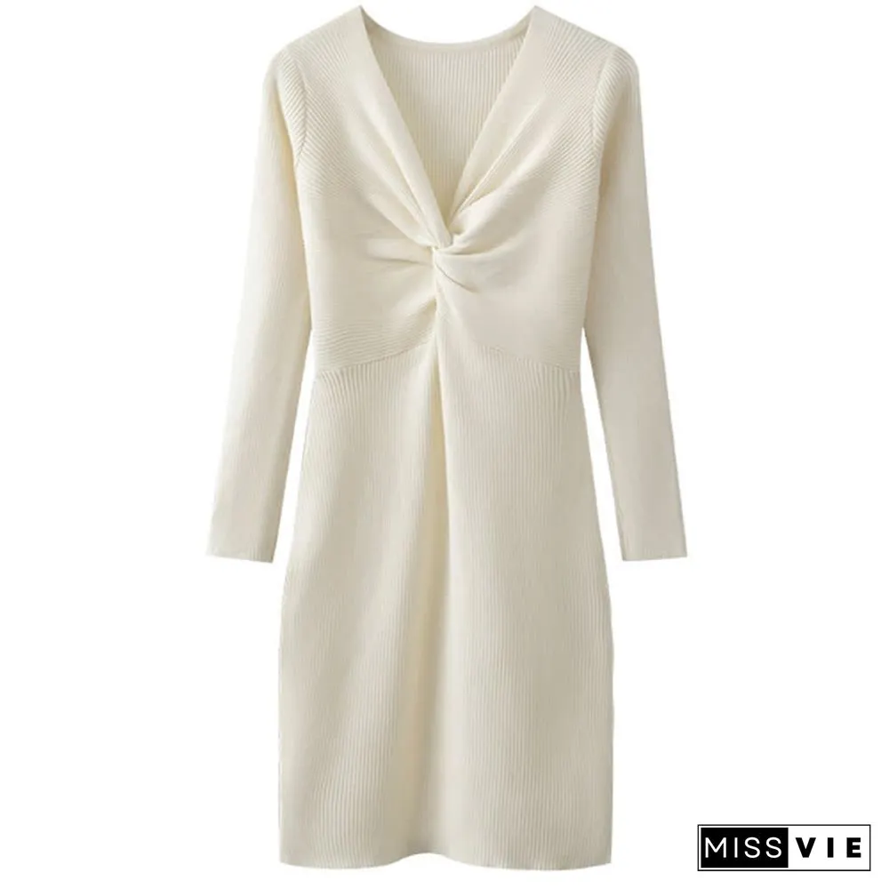 Pure Color V-neck Slim Knit Sweater Dress