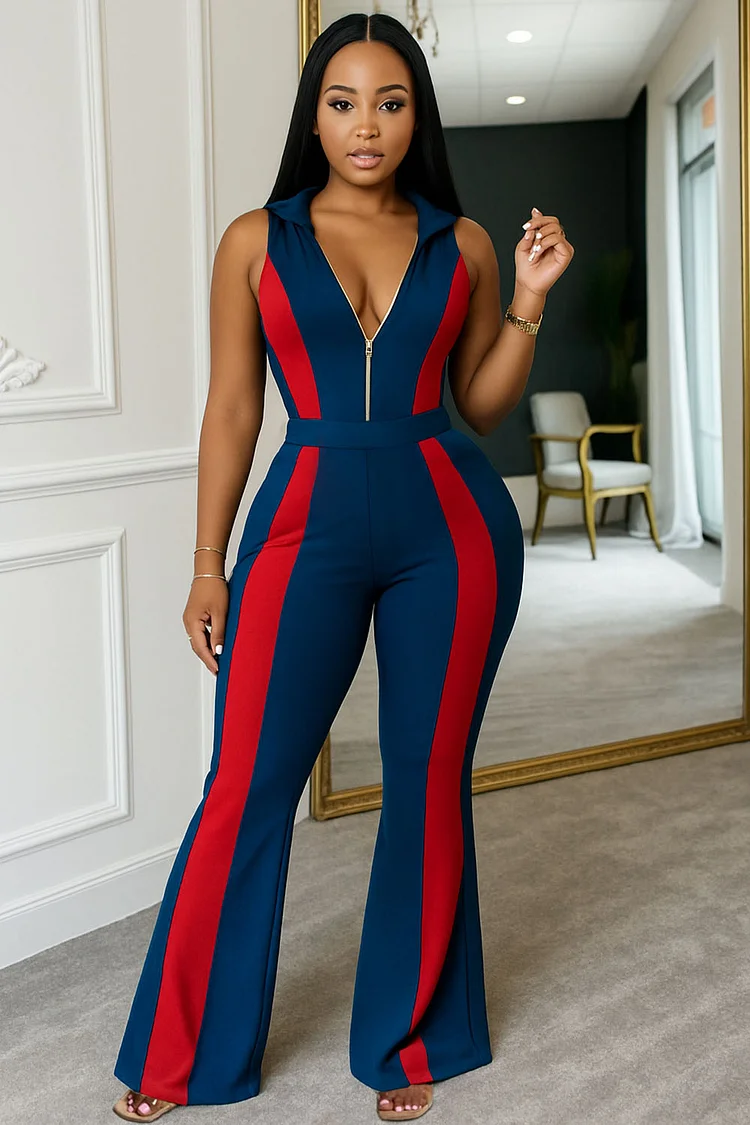 Zip-Up V Neck Sleeveless Colorblock Flare Leg Jumpsuit-Navy [Pre Order]