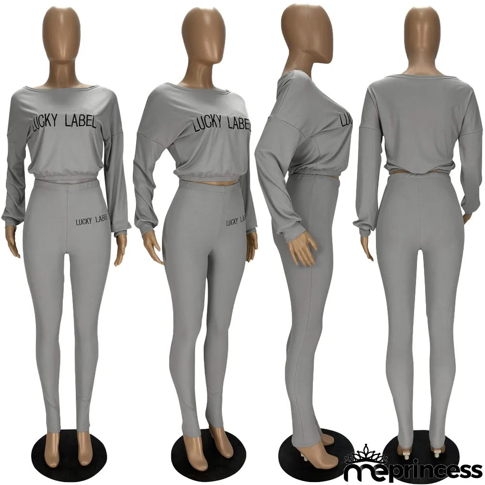 Plus Size Letter Long Sleeve 2 Piece Pants Set