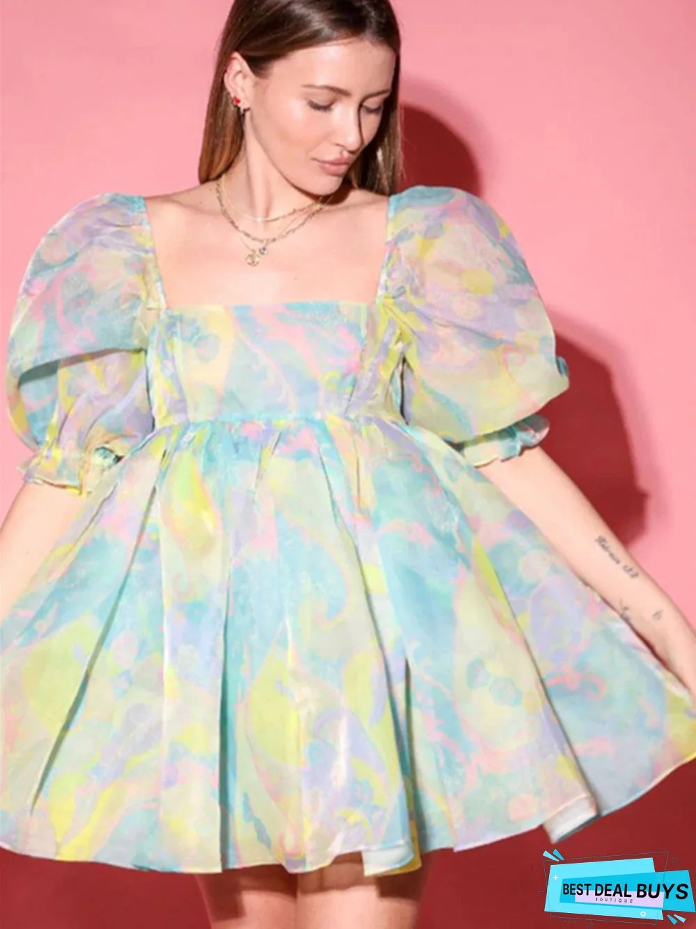 Printed Square Neck Lantern Short Sleeve Women's Dress Backless Fluffy French Princess Dress