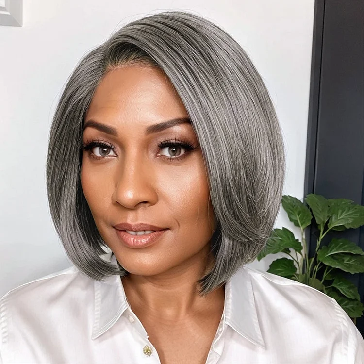 Trendy Color Salt & Pepper | Side Part Straight Bob Glueless 5x5 Closure Lace Wig