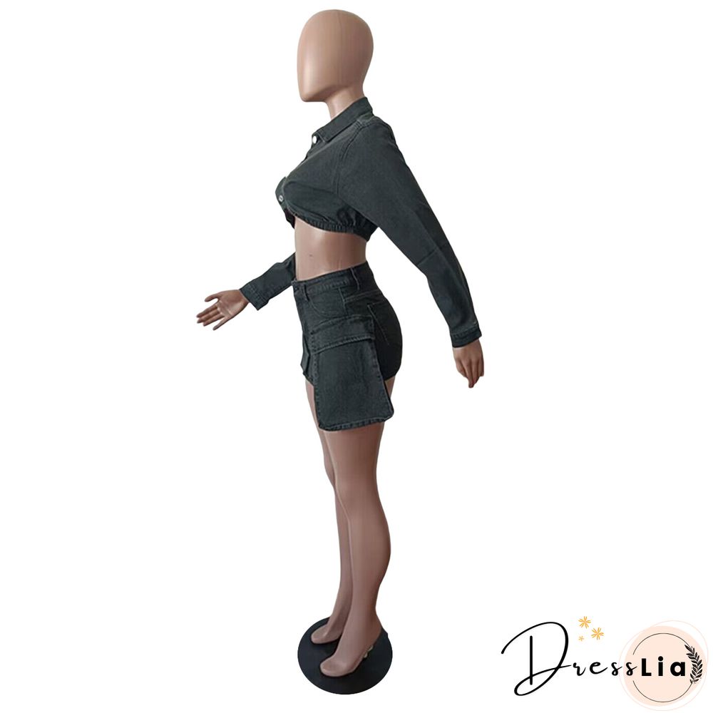 Denim Long Sleeve Jacket Mini Cargo Skirt Sets