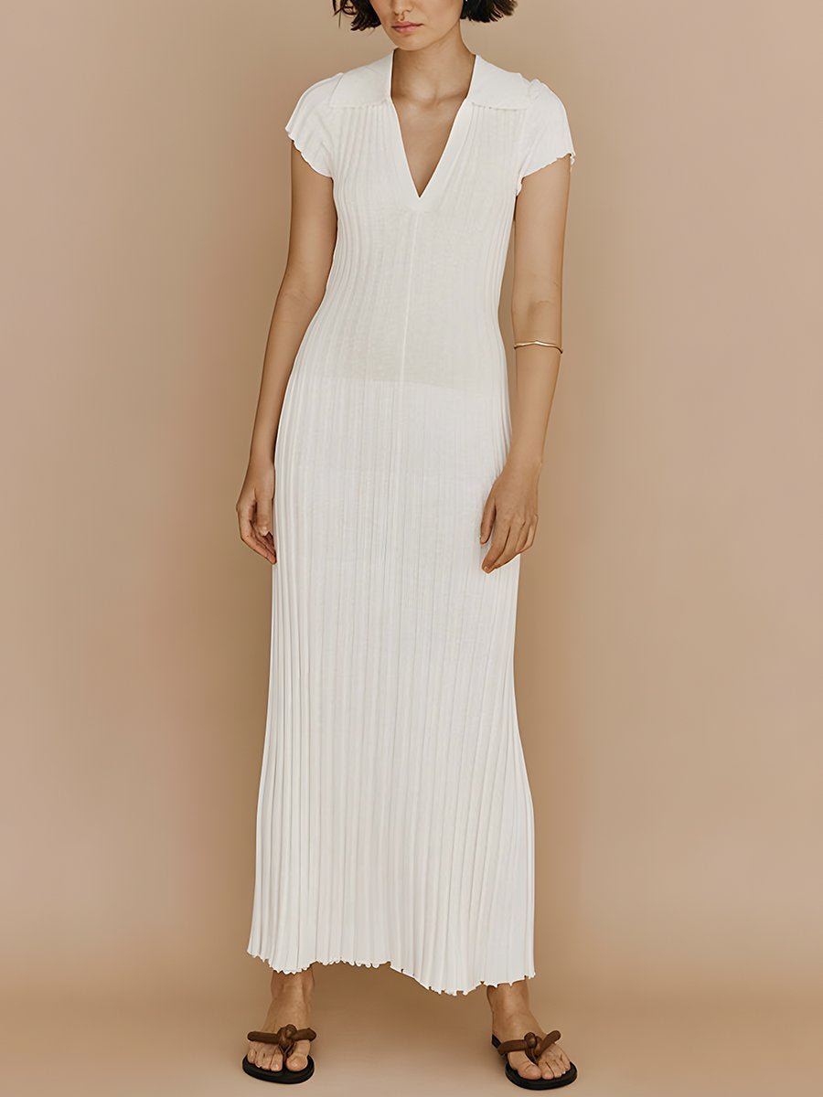 V Neck Short Sleeve Knitted Midi Dress