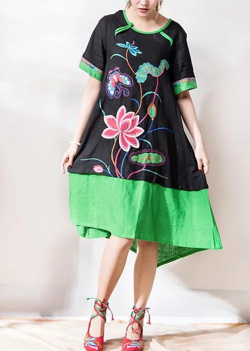 Chic black embroidery linen dresses o neck patchwork Dresses summer Dress