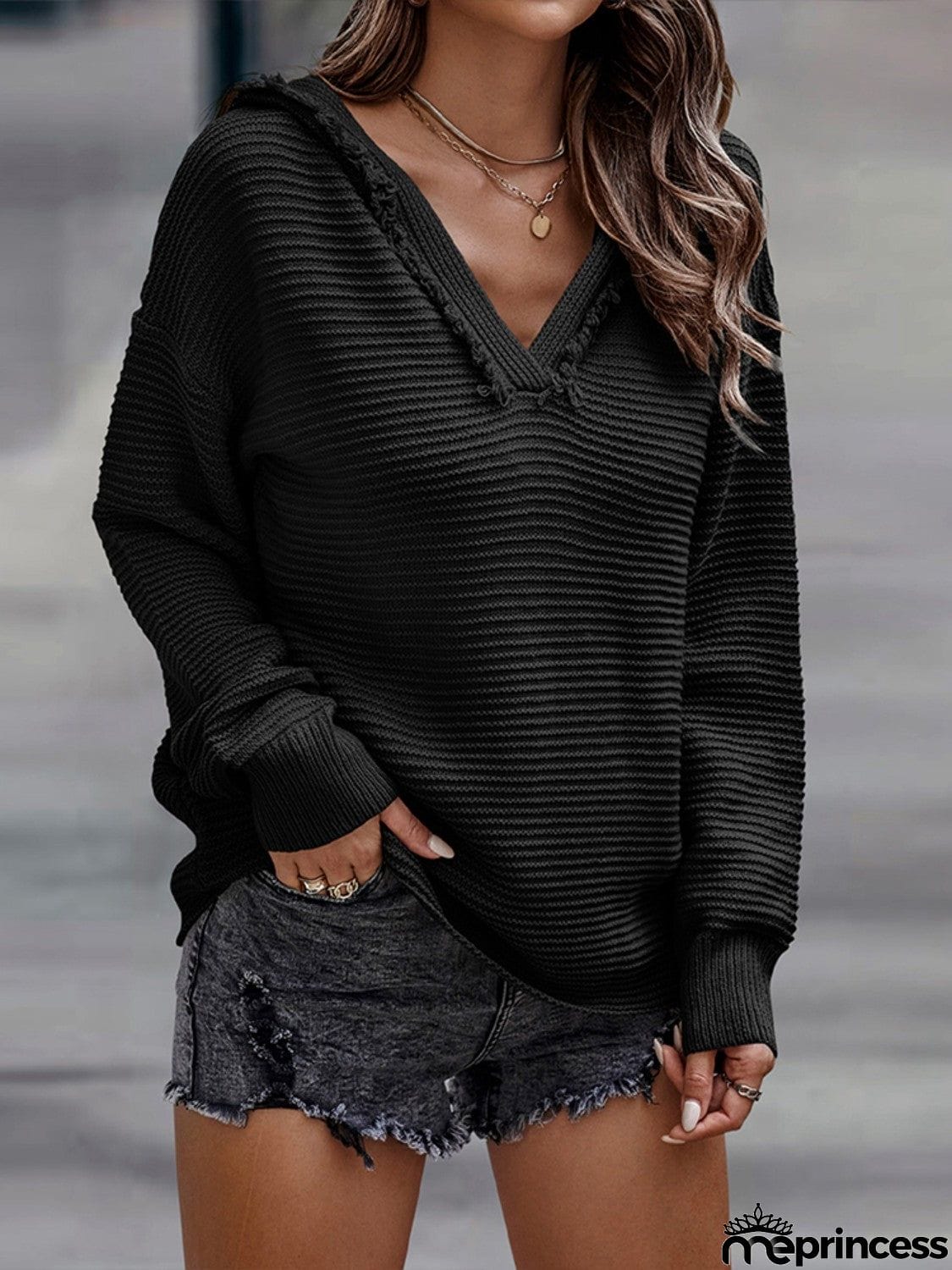 Horizontal Ribbing Hooded Sweater