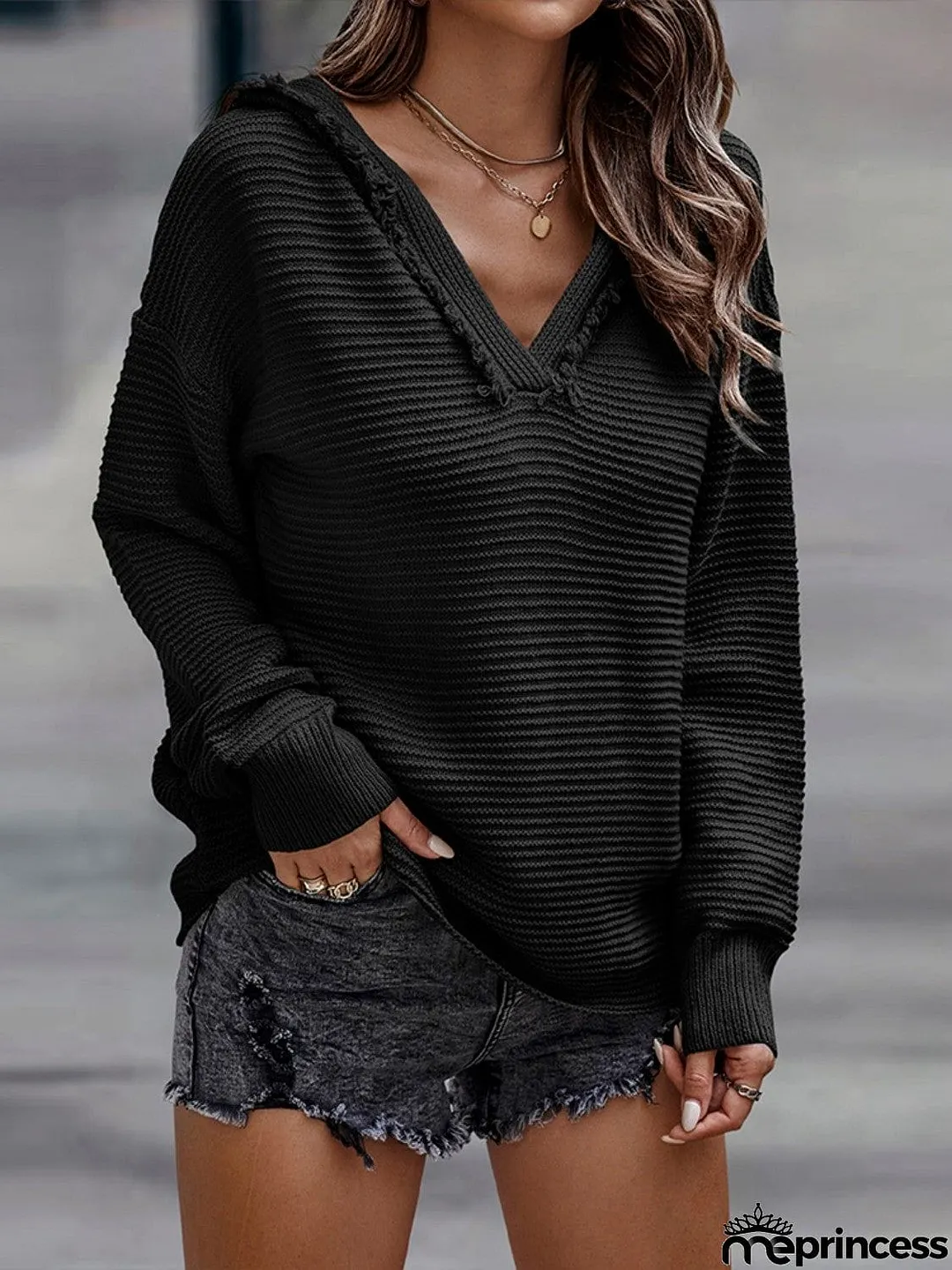 Horizontal Ribbing Hooded Sweater