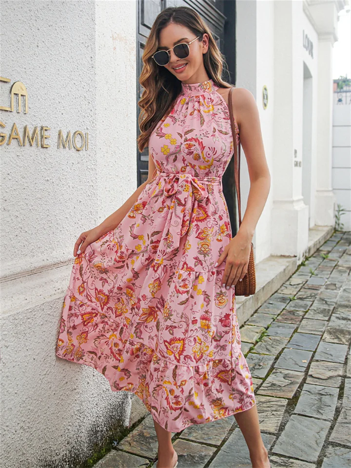 Vintage Print Halter Lace Up Dress Holiday Dress