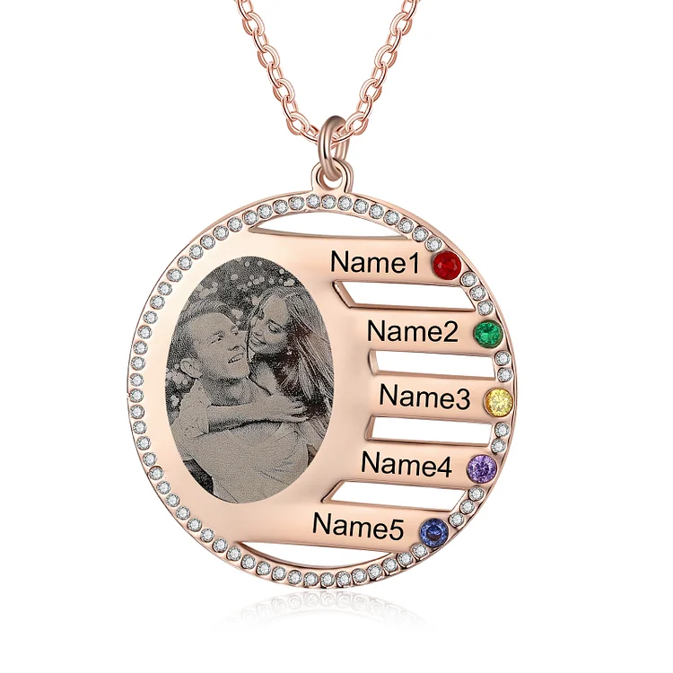 Custom Photo Pendant Necklace with 5 Birthstones Anniversary Birthday Gift for Mother Grandma