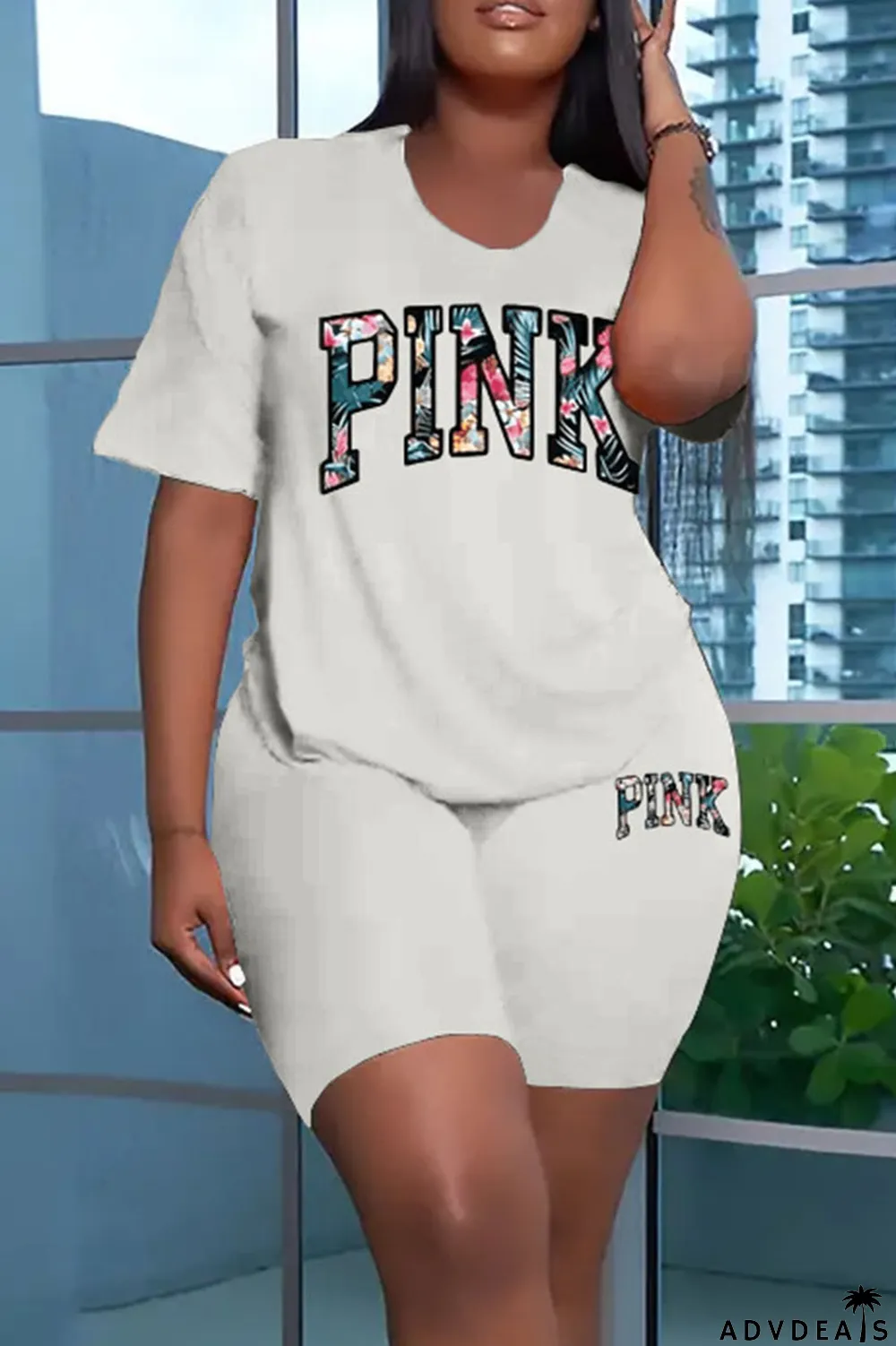 White Casual Print Patchwork O Neck Short Sleeve Two Pieces