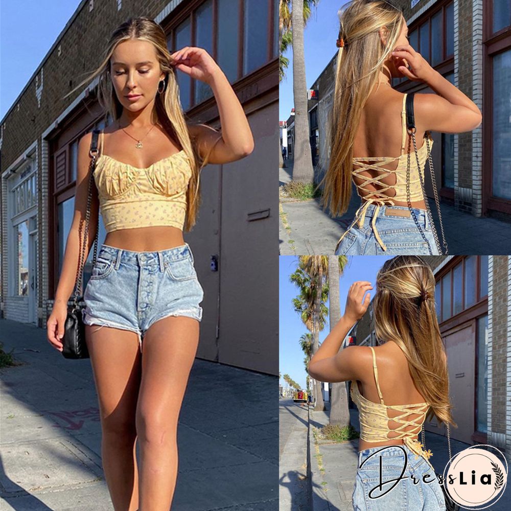 Fashion Women Sleeveless Floral Crop Top Stylish Lace Backless Tank Vest Summer Bandage