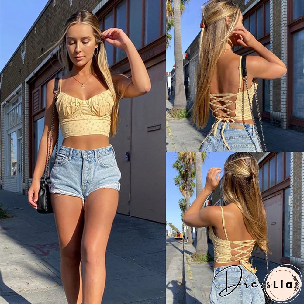 Fashion Women Sleeveless Floral Crop Top Stylish Lace Up Backless Tank Vest Summer Backless Bandage Casual Camisole